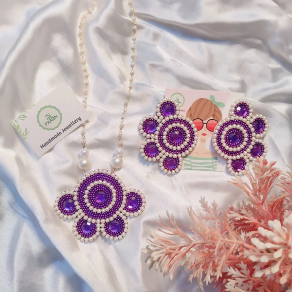 Half Flower Long Pendant Set - Purple