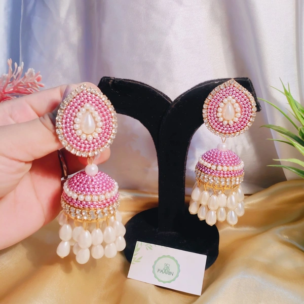 Pearl Fall  Jhumka  - Pink Lace