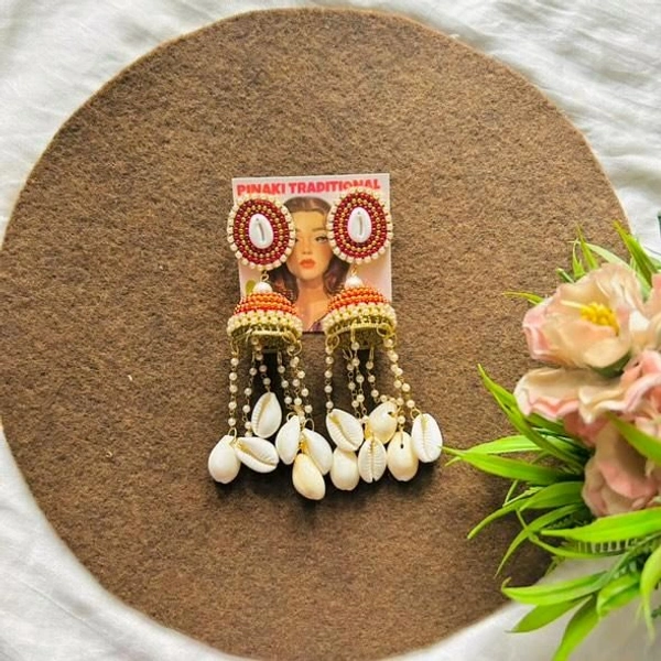 White Shell Jhumka  - Red