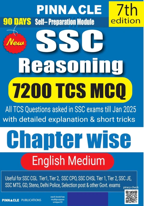 Pinnacle PublicationsPinnacle Publications
SSC Reasoning 7200 TCS MCQ chapter wise with detailed explanation & short tricks | 7th edition | SSC | CGL Tier - I | CGL Tier - II | CHSL | MTS | CPO | STENO | Selection post | Delhi Police | GD | SSC JE | Other Govt. exam | english medium | For 2025 Exams