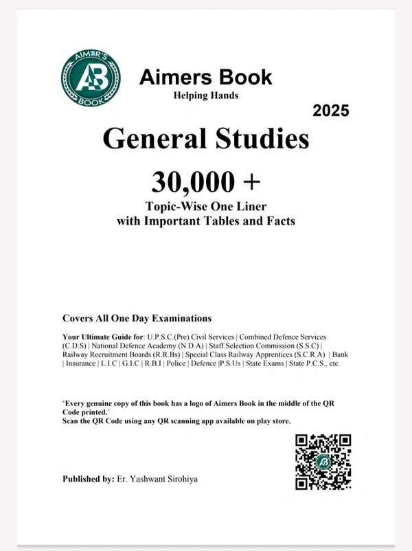 Aimers Publication|Er. Yashvant Sirohiya Aimers Book 30,000+ One Liner General Studies (Topic/Chapter Wise) with Important Tables & Facts | English Medium | NCERT Based GK/GS 2025 Updated Edition | Previous Year Papers of UPSC Pre, NDA, CDS, SSC, Railways, Bank, Insurance, Police, State PCS/PSC, SI & All One Day Exams | Complete General Knowledge Guide