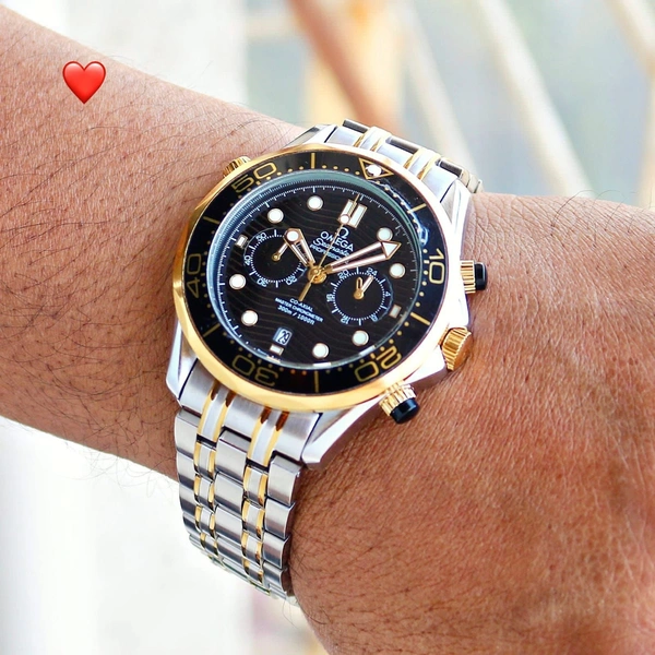 OMEGA Seamaster Diver 300M Co-Axial Master Chronometer Black Dial, Silver Chain with Golden Design Strips | MSquare Gadgets