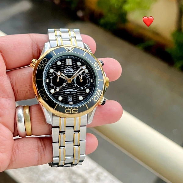 OMEGA Seamaster Diver 300M Co-Axial Master Chronometer Black Dial, Silver Chain with Golden Design Strips | MSquare Gadgets