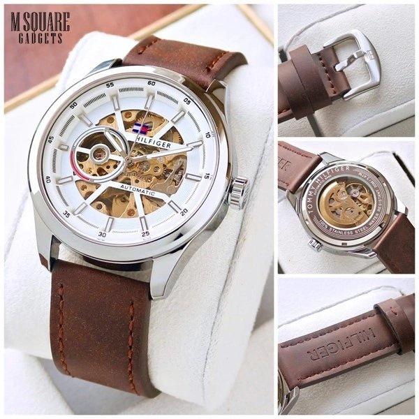 Tommy Hilfiger Modern Machine | Stainless Steel Body with Premium Leather Belt | Golden Dial with Transparent Front & Back | Pendulum Rotate Charging - Fully Automatic Self-wind Machine | Japanese Movement  | Premium Watch | MSquare Gadgets | Luxury Brand