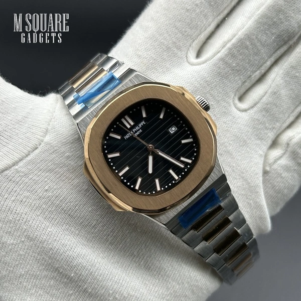 Patek Philippe Nautilus Quartz | Black Dial With Gold Bezel And Silver Gold Chain | Master Made Copy | Japanese Movement  | Next To Original | MSquare Gadgets | Luxury Brand