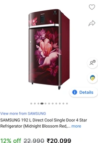 Samsung 192 L Direct Cool Single Door 4 Star Refrigerator(Midnight Blossom Red) - Fresh Eggplant, 192L