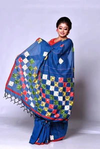 Handloom Cotton Boul Aplic Saree - Blue