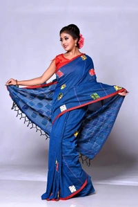 Handloom Cotton Boul Aplic Saree - Blue