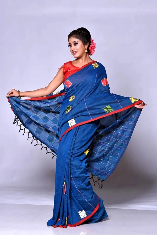 Handloom Cotton Boul Aplic Saree - Blue