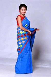 Handloom Cotton Boul Aplic Saree - Sea Blue