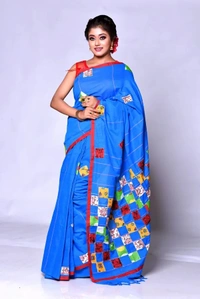 Handloom Cotton Boul Aplic Saree - Sea Blue