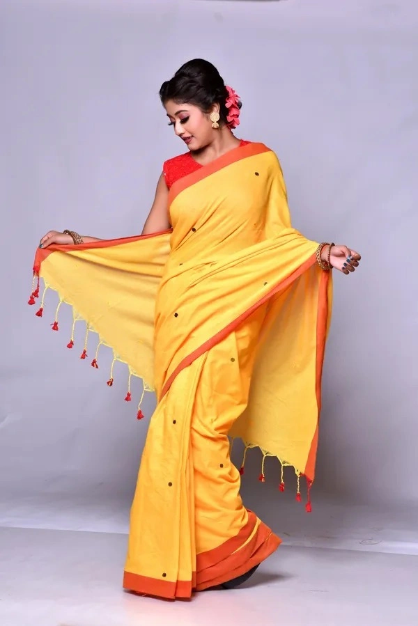 Gini Sequence Woven Mul Cotton Saree - Yellow
