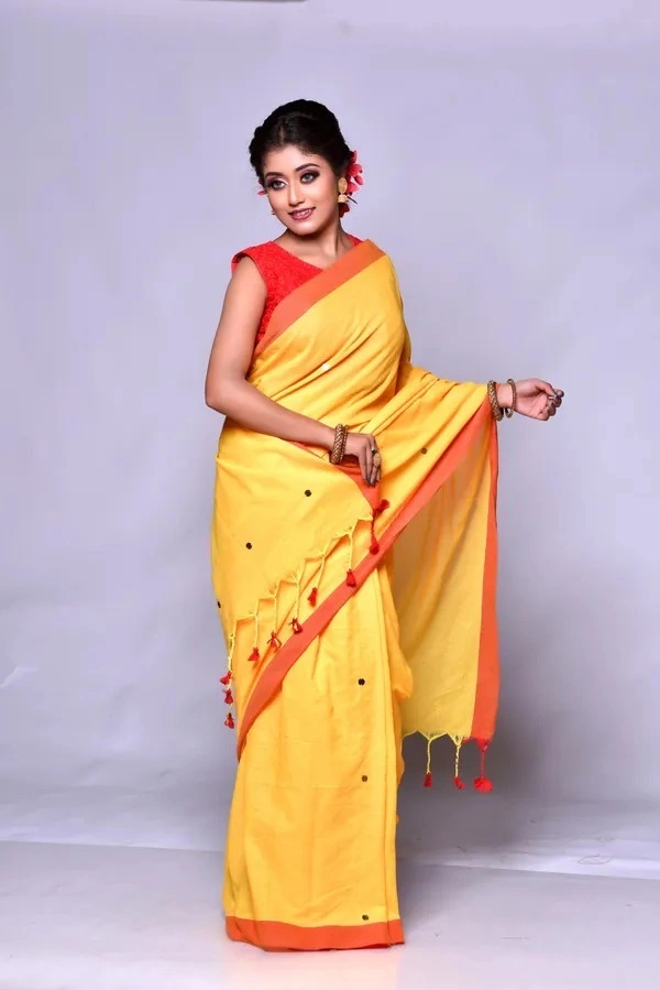 Gini Sequence Woven Mul Cotton Saree - Yellow