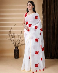 Handloom Floral Embroidered Cotton Blend Saree  - White