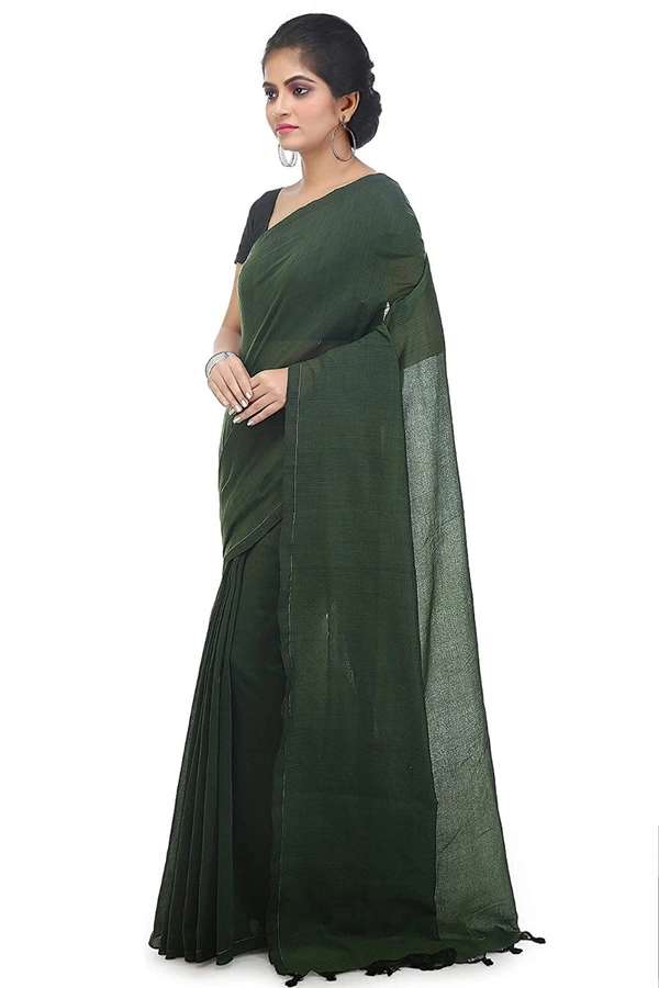 Handloom Solid Color Pompom Saree - Dark Green