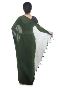 Handloom Solid Color Pompom Saree - Dark Green