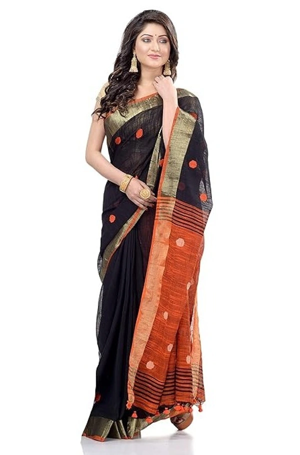 Handloom Khadi Cotton Ball Buta Saree - Black & Orange