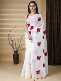 Handloom Floral Embroidered Cotton Blend Saree  - White