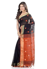 Handloom Khadi Cotton Ball Buta Saree - Black & Orange