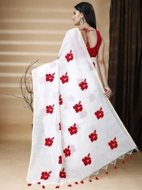 Handloom Floral Embroidered Cotton Blend Saree  - White