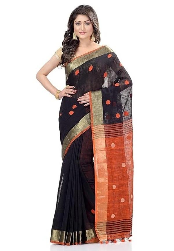Handloom Khadi Cotton Ball Buta Saree - Black & Orange