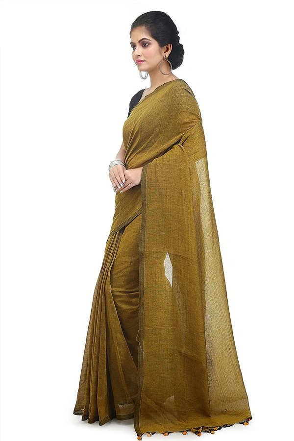 Handloom Solid Color Pompom Saree - Olive