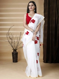 Handloom Floral Embroidered Cotton Blend Saree  - White