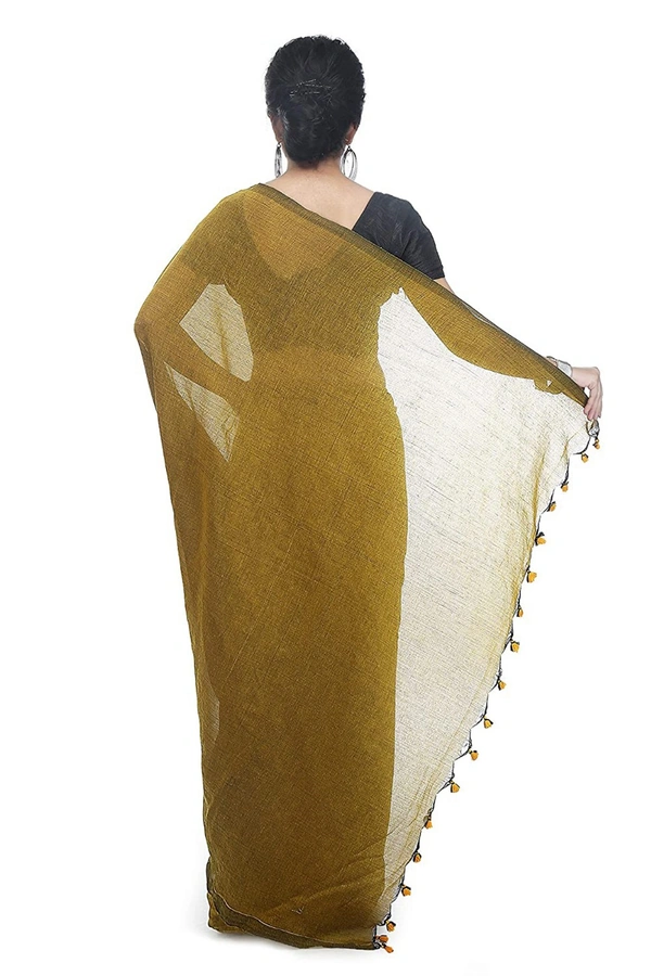 Handloom Solid Color Pompom Saree - Olive