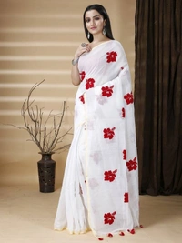 Handloom Floral Embroidered Cotton Blend Saree  - White