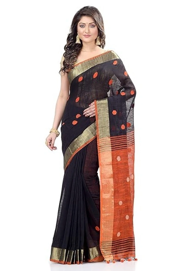 Handloom Khadi Cotton Ball Buta Saree - Black & Orange