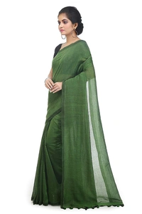 Handloom Solid Color Pompom Saree - Fern