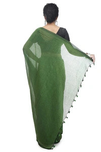 Handloom Solid Color Pompom Saree - Fern