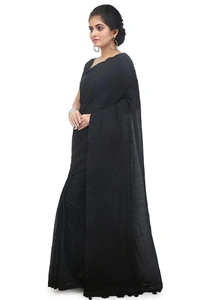 Handloom Solid Color Pompom Saree - Black