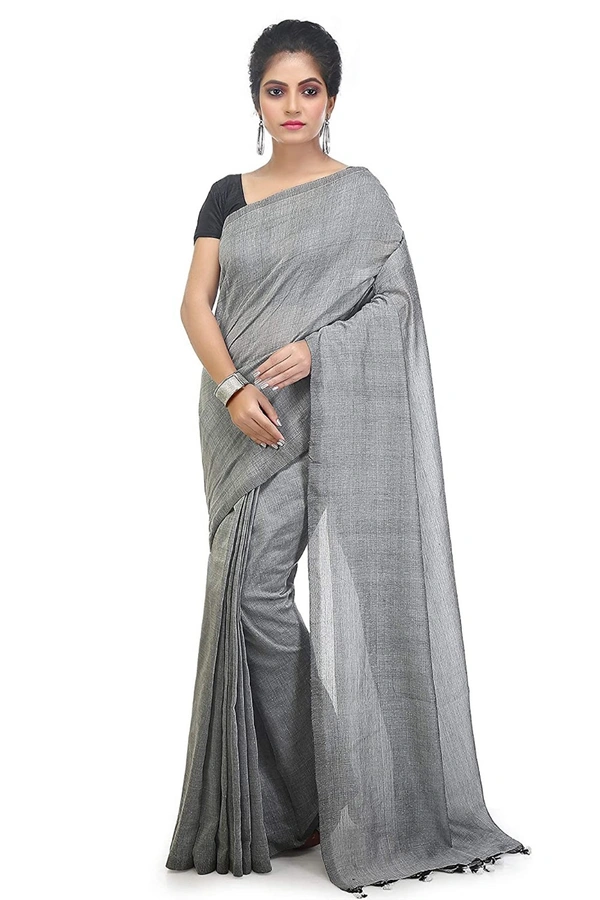 Handloom Solid Color Pompom Saree - Silver