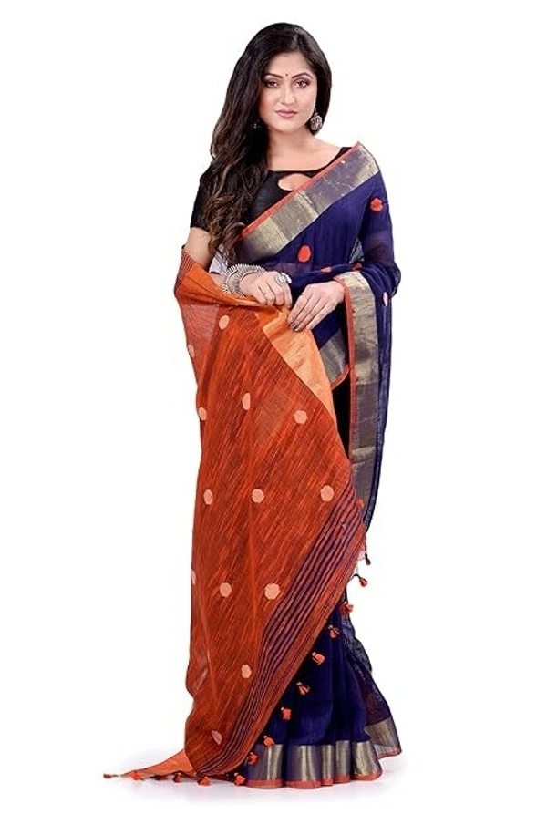 Handloom Khadi Cotton Ball Buta Saree - Blue & Orange