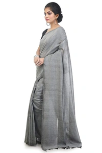 Handloom Solid Color Pompom Saree - Silver