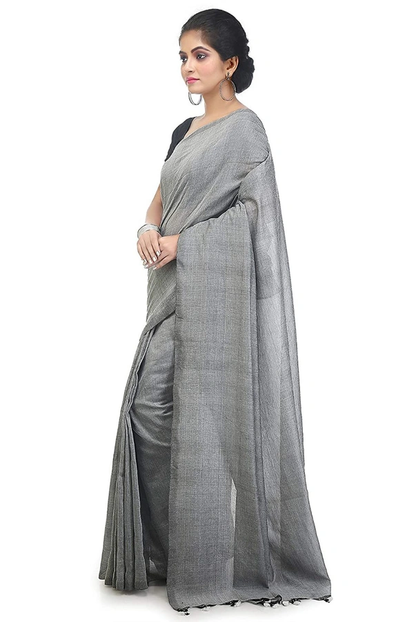 Handloom Solid Color Pompom Saree - Silver
