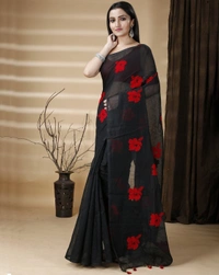 Handloom Floral Embroidered Cotton Blend Saree - Black