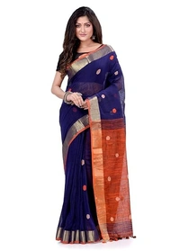 Handloom Khadi Cotton Ball Buta Saree - Blue & Orange