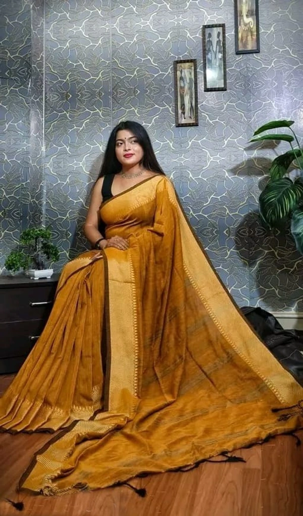 Handloom Woven Temple Border Cotton Saree - Husk