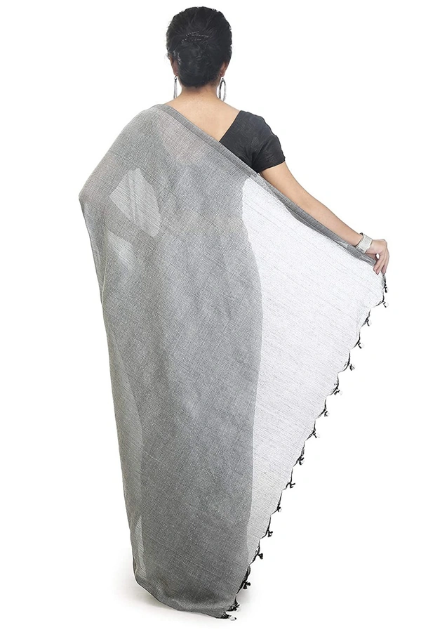 Handloom Solid Color Pompom Saree - Silver
