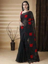 Handloom Floral Embroidered Cotton Blend Saree - Black