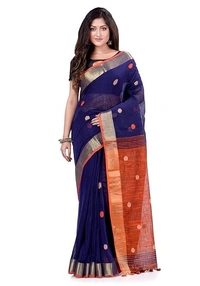 Handloom Khadi Cotton Ball Buta Saree - Blue & Orange