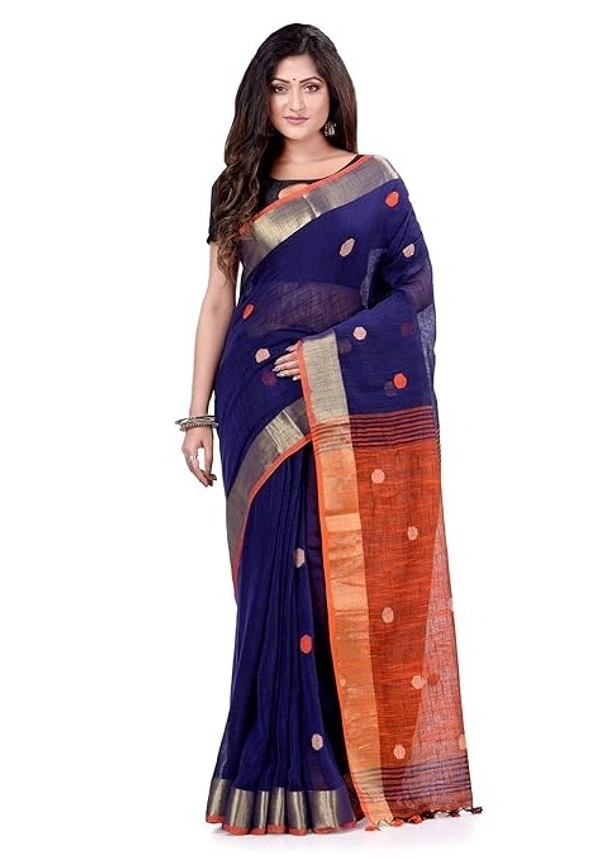Handloom Khadi Cotton Ball Buta Saree - Blue & Orange