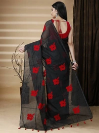 Handloom Floral Embroidered Cotton Blend Saree - Black
