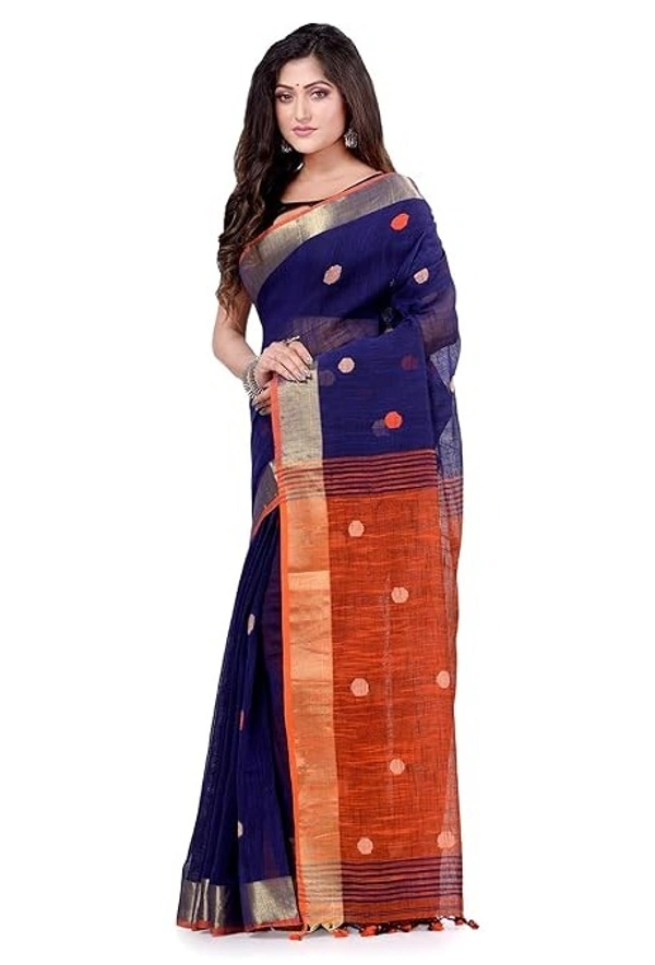 Handloom Khadi Cotton Ball Buta Saree - Blue & Orange
