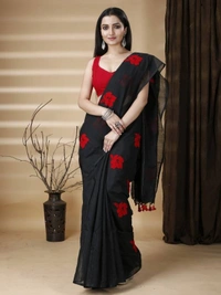Handloom Floral Embroidered Cotton Blend Saree - Black