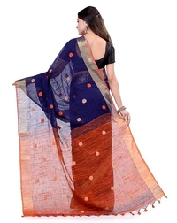 Handloom Khadi Cotton Ball Buta Saree - Blue & Orange