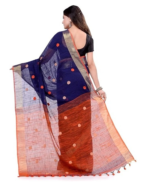 Handloom Khadi Cotton Ball Buta Saree - Blue & Orange