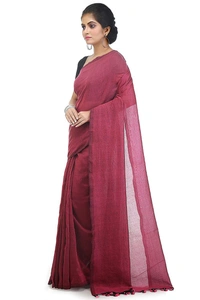 Handloom Solid Color Pompom Saree - Maroon